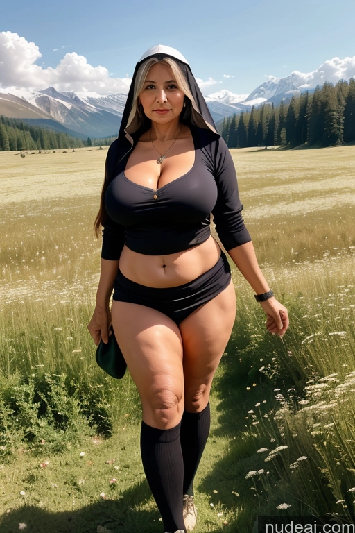 ai nude image of araffe woman in black top and black shorts walking in a field pics of Milf One Busty Big Ass Thick 70s Long Hair Indian Cleavage Nun Mini Skirt Thigh Socks Meadow