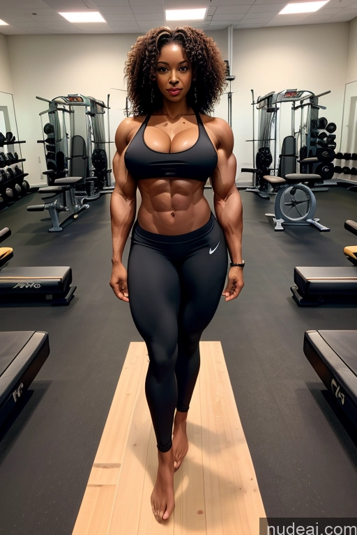 ai nude image of arafed woman in a black sports bra top standing on a wooden floor pics of Busty Perfect Boobs Beautiful Muscular Abs Perfect Body Gym Sports Bodybuilder Partially Nude 40s Yoga Pants Plank African Curly Hair