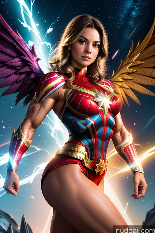 ai nude image of a close up of a woman in a costume with wings pics of Busty Muscular Abs Superhero Bodybuilder Spider-Gwen Mary Thunderbolt Captain Marvel Hawkgirl Power Rangers Powering Up