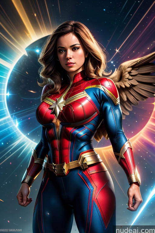 ai nude image of a woman in a costume with wings standing in front of a planet pics of Busty Muscular Abs Superhero Spider-Gwen Mary Thunderbolt Captain Marvel Hawkgirl Power Rangers Superheroine Powering Up Dynamic View Heat Vision Science Fiction Style