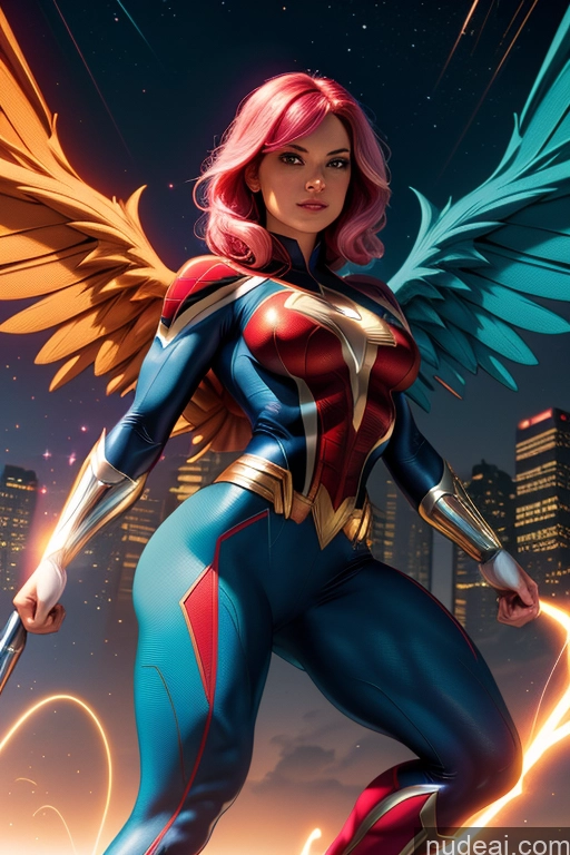 ai nude image of a close up of a woman with a sword and wings pics of Busty Muscular Abs Superhero Spider-Gwen Mary Thunderbolt Hawkgirl Power Rangers Superheroine Powering Up Dynamic View Science Fiction Style Heat Vision