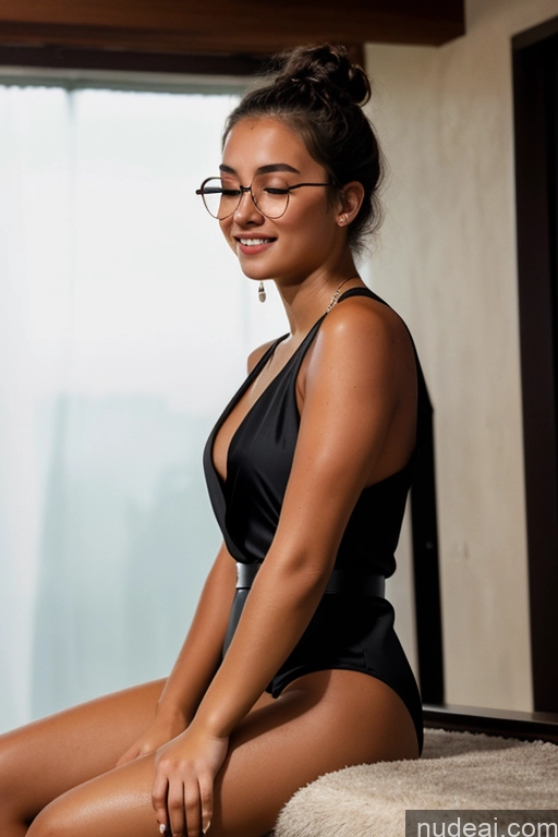 ai nude image of there is a woman sitting on a bed wearing a black swimsuit pics of Woman Glasses Tanned Skin Orgasm Brunette Hair Bun White Film Photo Dark Lighting Detailed Jewelry 18 Onsen Jumpsuit Spreading Legs