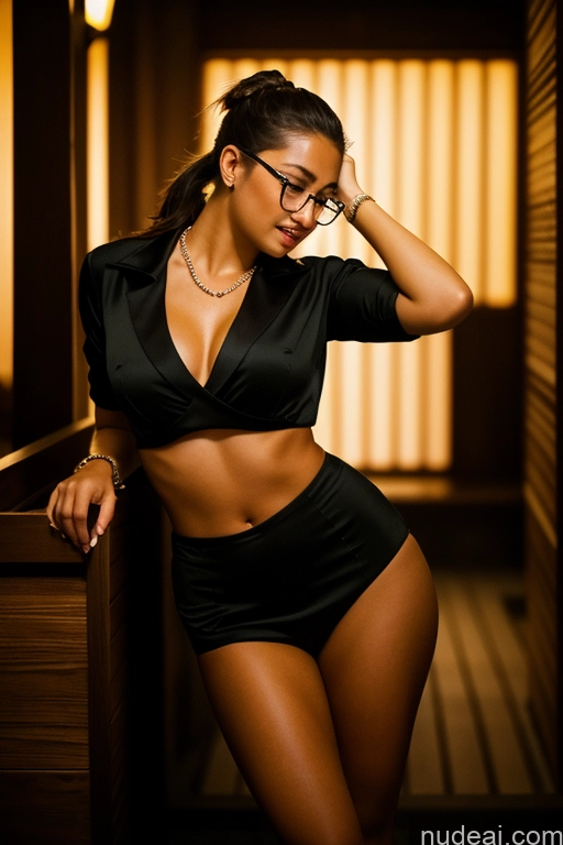 ai nude image of arafed woman in a black top and black shorts posing for a picture pics of Woman Glasses Tanned Skin Orgasm Brunette White Film Photo Dark Lighting Detailed Jewelry 18 Onsen Ponytail Handjob Flight Attendant