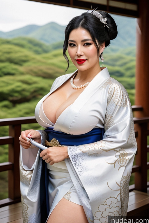 ai nude image of there is a woman in a kimono posing for a picture pics of Milf Busty Perfect Boobs Lipstick Perfect Body Black Hair Hair Bun Onsen Geisha Gloves Kimono Wedding Thigh Socks Transparent Jewelry Pearl Jewelry Chubby 40s Stockings