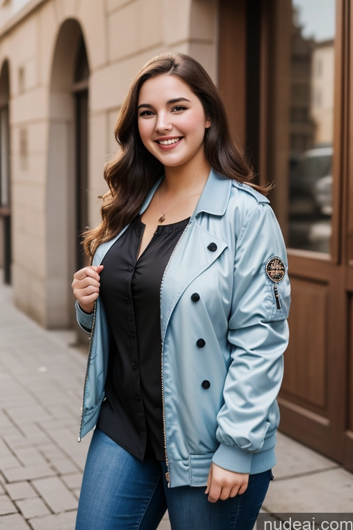 ai nude image of arafed woman in a blue jacket and black shirt standing on a sidewalk pics of Woman One Chubby 18 Happy Brunette Long Hair French Front View Blouse Bomber Dress Chemise Trench Coat Jeans