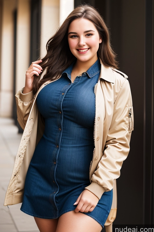 ai nude image of arafed woman in a denim dress and trench coat posing for a picture pics of Woman One Chubby 18 Happy Brunette Long Hair French Front View Blouse Bomber Dress Chemise Trench Coat Jeans