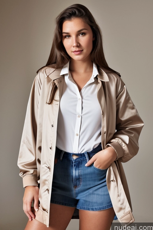 ai nude image of arafed woman in a white shirt and a tan trench coat pics of Woman One Chubby 18 Brunette Long Hair French Front View Blouse Bomber Dress Chemise Trench Coat Jeans Serious