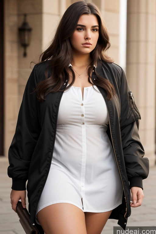 ai nude image of araffe woman in a white shirt and black jacket walking down a sidewalk pics of Woman One Chubby 18 Brunette Long Hair French Front View Blouse Bomber Dress Chemise Trench Coat Jeans Serious