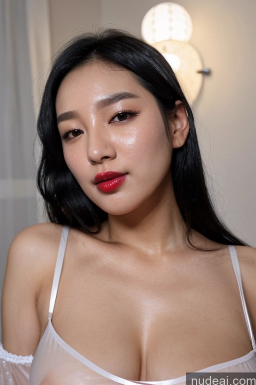 ai nude image of araffed asian woman in a white bralet and red lipstick pics of Model Huge Boobs Beautiful Lipstick 30s Black Hair Korean Skin Detail (beta) Close-up View Eating Nightgown Transparent Bright Lighting Detailed