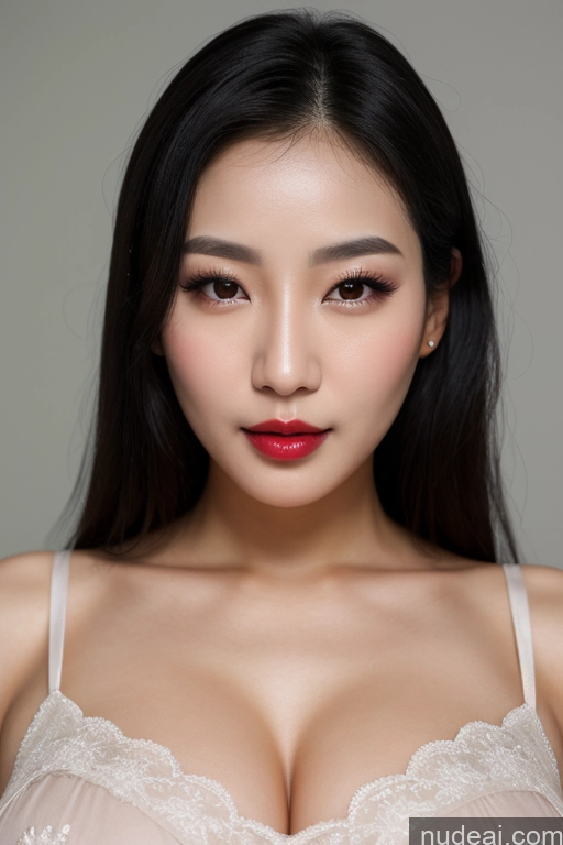 ai nude image of arafed asian woman with a red lipstick and a bra pics of Model Huge Boobs Beautiful Lipstick 30s Black Hair Korean Skin Detail (beta) Close-up View Nightgown Transparent Bright Lighting Detailed