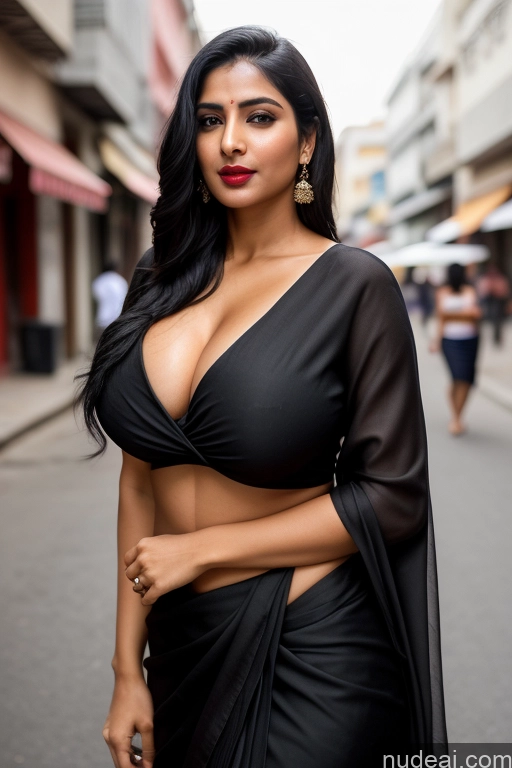 ai nude image of araffe woman in a black dress posing for a picture pics of Woman One Lipstick 30s Black Hair Slicked Indian Simple Perfect Body Huge Boobs Beautiful Sari Blouse Street