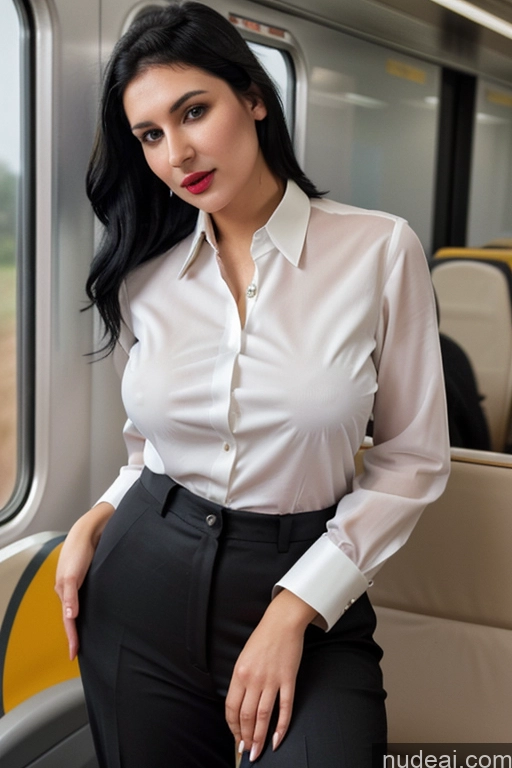 ai nude image of woman in white shirt and black pants on a train looking out the window pics of Woman One Lipstick 30s Black Hair Slicked Indian Simple Perfect Body Huge Boobs Beautiful Sari Blouse Train