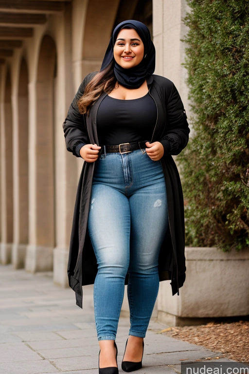 ai nude image of araffe woman in black top and jeans walking down a sidewalk pics of Woman One Big Ass Big Hips Fat Chubby Thick 18 Laughing Brunette Long Hair French Film Photo Front View Blouse Bomber Dress Casual Jeans Trench Coat Traditional Niqab