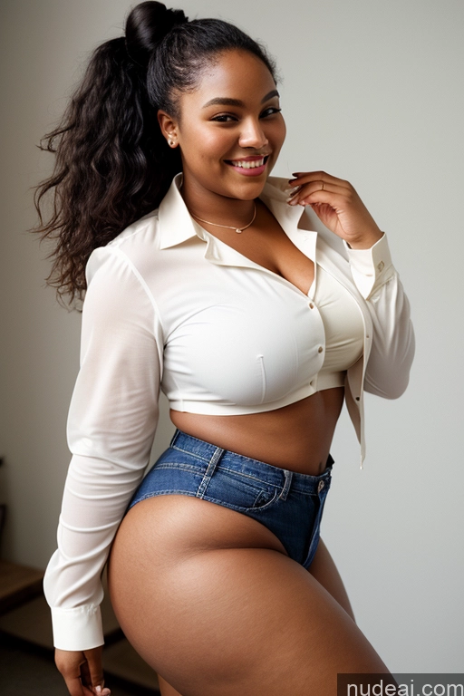 ai nude image of there is a woman in a white shirt and jeans posing pics of Woman One Big Ass Thick Chubby Fat Big Hips 18 Happy Black Hair Hair Bun African Film Photo Front View Blouse Chemise Crop Top Dress Jacket Jeans Shirt