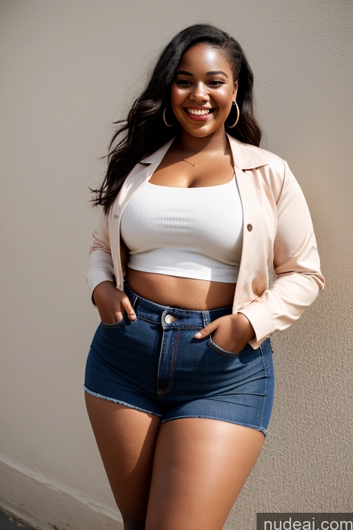 ai nude image of araffe woman in a white top and blue shorts posing for a picture pics of Woman One Big Ass Thick Chubby Fat Big Hips 18 Happy Black Hair Hair Bun African Film Photo Front View Blouse Chemise Crop Top Dress Jacket Jeans Shirt