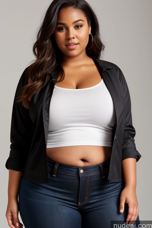 ai nude image of arafed woman in a white top and black jacket posing for a picture pics of Woman One Big Ass Thick Chubby Fat Big Hips 18 Black Front View Blouse Chemise Casual Crop Top Jeans Jacket Shirt