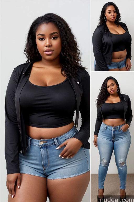 ai nude image of arafed woman in a black top and jeans posing for a picture pics of Woman One Big Ass Thick Chubby Fat Big Hips 18 Front View Blouse Chemise Casual Crop Top Jeans Jacket Shirt African