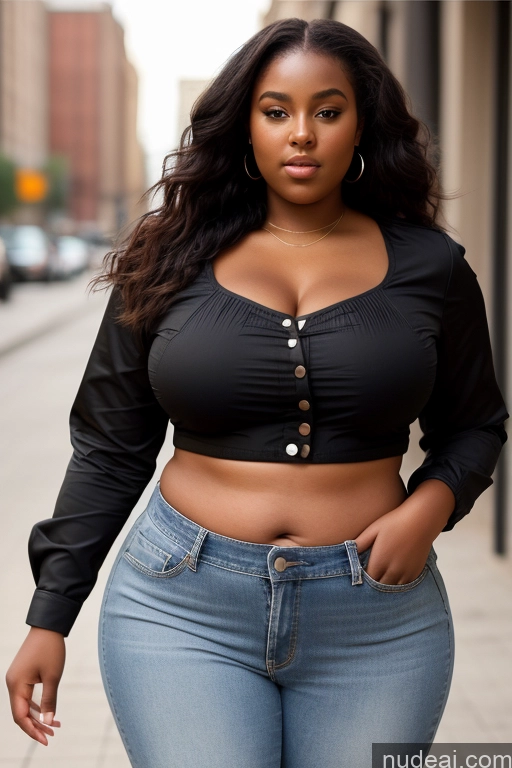 ai nude image of araffe woman in a black top and jeans posing for a picture pics of Woman One Big Ass Thick Chubby Fat Big Hips 18 Front View Blouse Chemise Casual Crop Top Jeans Jacket Shirt African