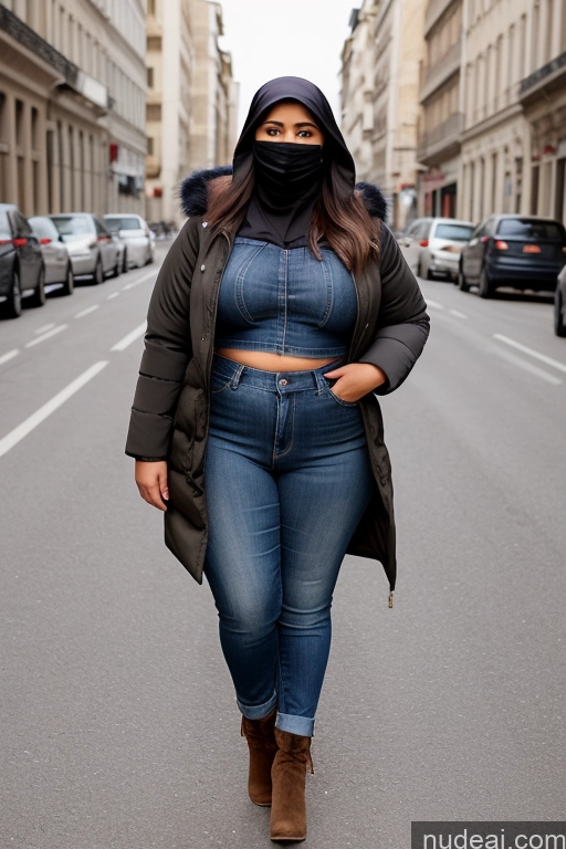 ai nude image of araffe woman in a black mask and jeans walking down a street pics of Woman One Big Ass Thick Chubby Fat Big Hips 18 Laughing Brunette Long Hair French Front View Boots Casual Crop Top Dress Niqab Parka Jeans