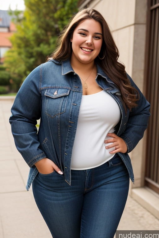 ai nude image of arafed woman in a white shirt and blue jean jacket pics of Woman One Big Ass Thick Chubby Fat Big Hips 18 Laughing Brunette Long Hair French Front View Blouse Casual Dress Jacket Jeans Parka Shirt