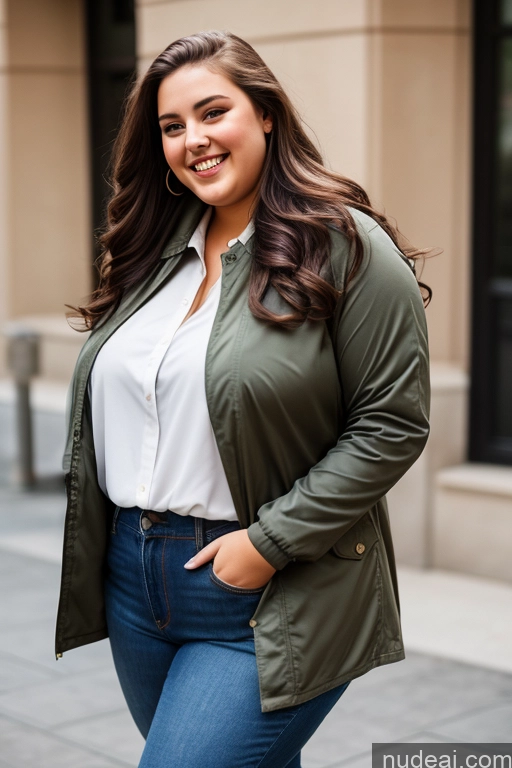 ai nude image of a pregnant woman in a green jacket and jeans standing on a sidewalk pics of Woman One Big Ass Thick Chubby Fat Big Hips 18 Laughing Brunette Long Hair French Front View Blouse Casual Dress Jacket Jeans Parka Shirt