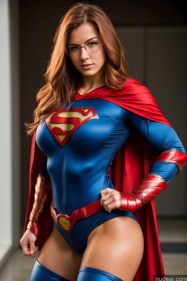 ai nude image of arafed woman in a superman costume posing for a picture pics of Superheroine Muscular Abs Ginger Front View Superhero Detailed Busty Glasses 18 Perfect Boobs