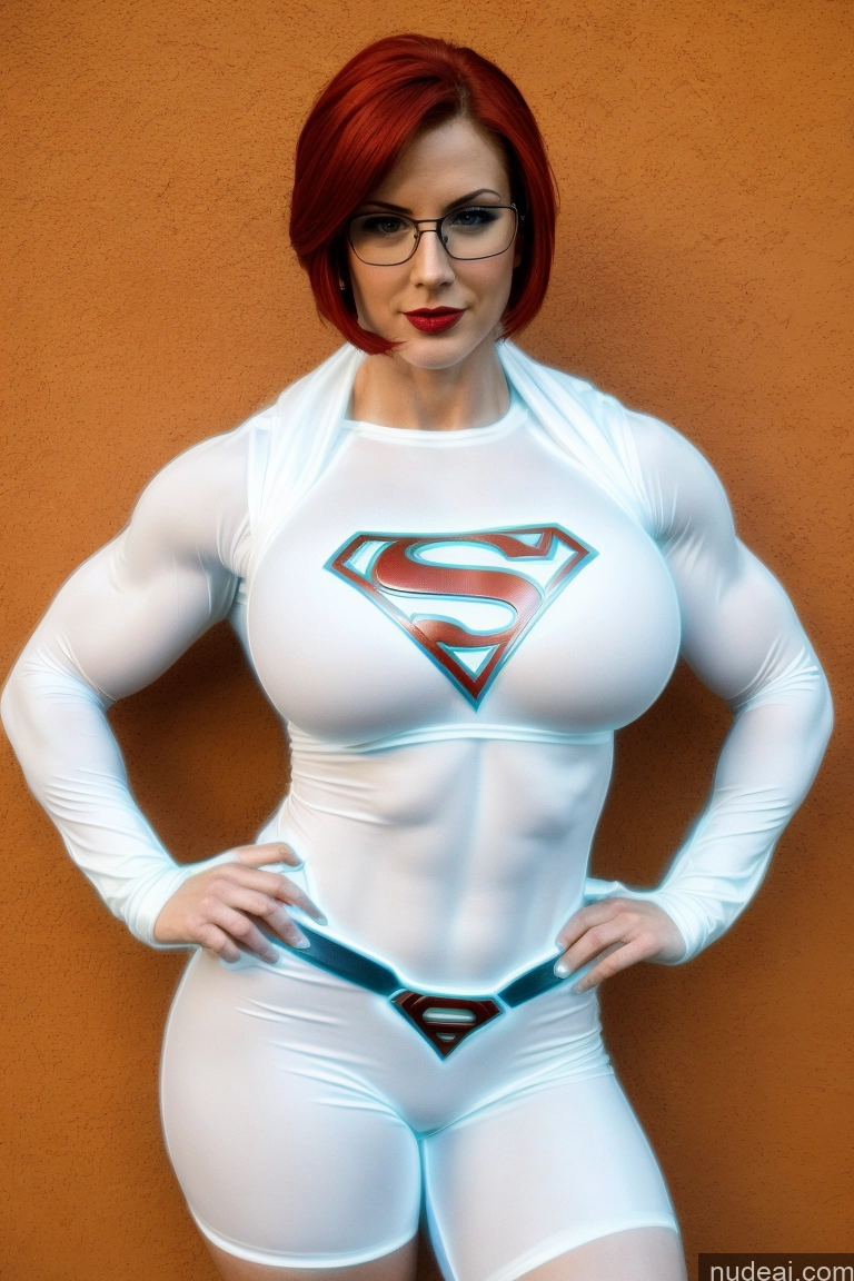 ai nude image of arafed woman in a white superman costume posing for a picture pics of Superheroine Muscular Abs Ginger Front View Superhero Detailed Busty Glasses Lipstick Fairer Skin Neon Lights Clothes: Blue 20s