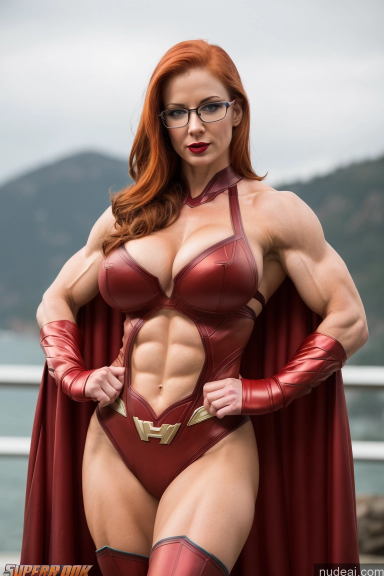 ai nude image of arafed woman in a red costume posing for a picture pics of Superheroine Muscular Abs Ginger Front View Superhero Detailed Busty Glasses Lipstick Fairer Skin Seductive 30s