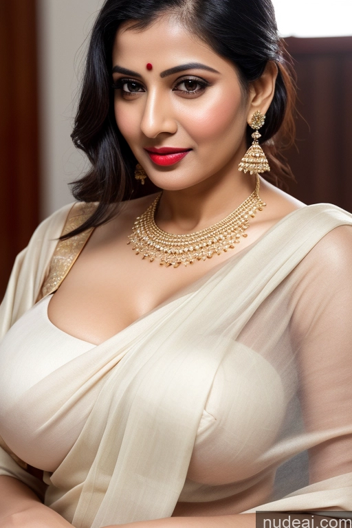 ai nude image of a close up of a woman in a white sari posing for a picture pics of Woman One Huge Boobs Beautiful Lipstick Black Hair Slicked Indian Simple 40s Fairer Skin Sari Close-up View