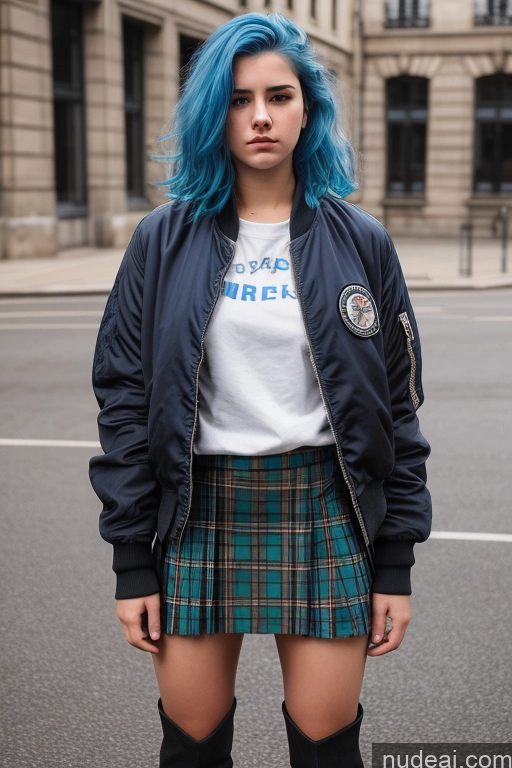 ai nude image of arafed woman with blue hair and a skirt and jacket pics of Woman One Thick 18 Sad Blue Hair Slicked French Front View Casual Kilt Bomber Boots