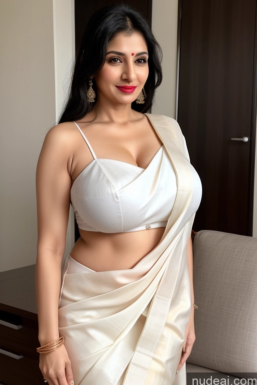 ai nude image of araffe woman in a white sari posing for a picture pics of Woman One Huge Boobs Beautiful Lipstick 40s Black Hair Slicked Indian Simple Fairer Skin Sari