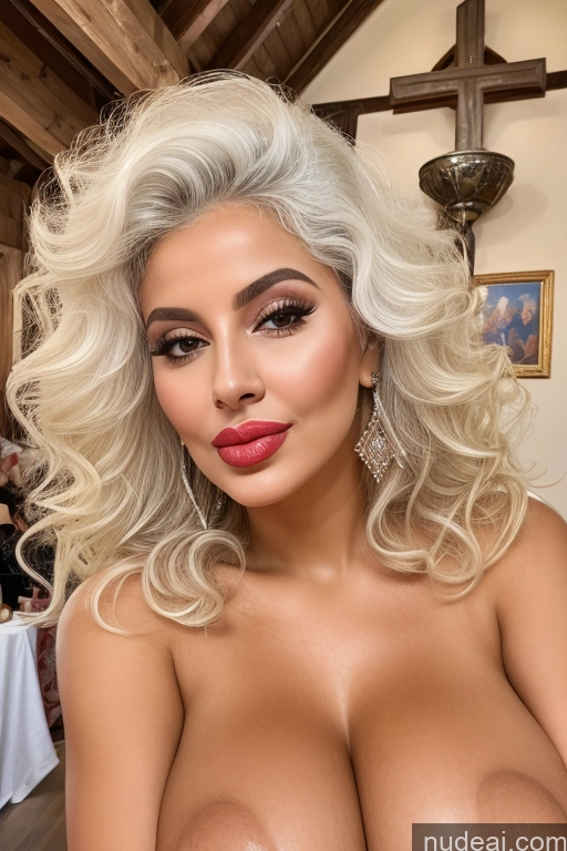 ai nude image of a close up of a woman with a very big breast posing for a picture pics of Bimbo Two Huge Boobs Beautiful Lipstick Short Pregnant 80s Sexy Face Seductive Laughing Pouting Lips White Hair Curly Hair Arabic Painting Church Front View Nude