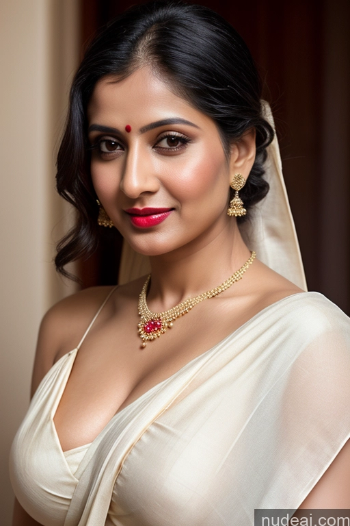 ai nude image of araffe woman in a white sari with a red necklace and earrings pics of Woman One Huge Boobs Beautiful Lipstick Fairer Skin 40s Black Hair Slicked Indian Close-up View Sari Simple