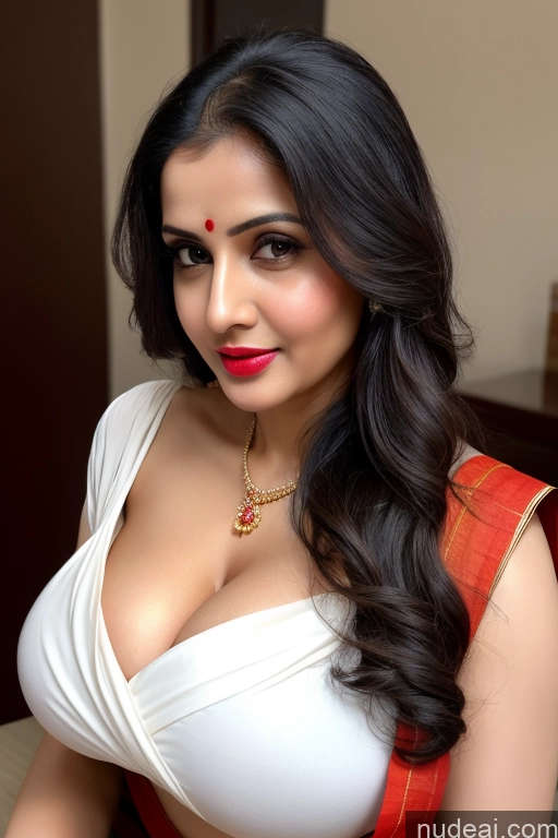 ai nude image of sexy indian woman in white top and red sari posing for the camera pics of Woman One Huge Boobs Beautiful Lipstick Fairer Skin 40s Black Hair Slicked Indian Close-up View Simple Cleavage Sari