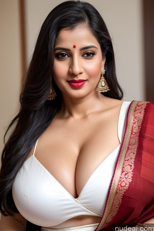 ai nude image of araffe woman in a white top and red sari posing for a picture pics of Woman One Huge Boobs Beautiful Lipstick Fairer Skin 40s Black Hair Slicked Indian Close-up View Simple Cleavage Sari