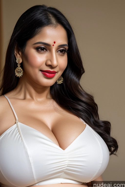 ai nude image of araffe woman in white bra top posing for a picture pics of Woman One Huge Boobs Beautiful Lipstick Fairer Skin 40s Black Hair Slicked Indian Close-up View Simple Cleavage Sari