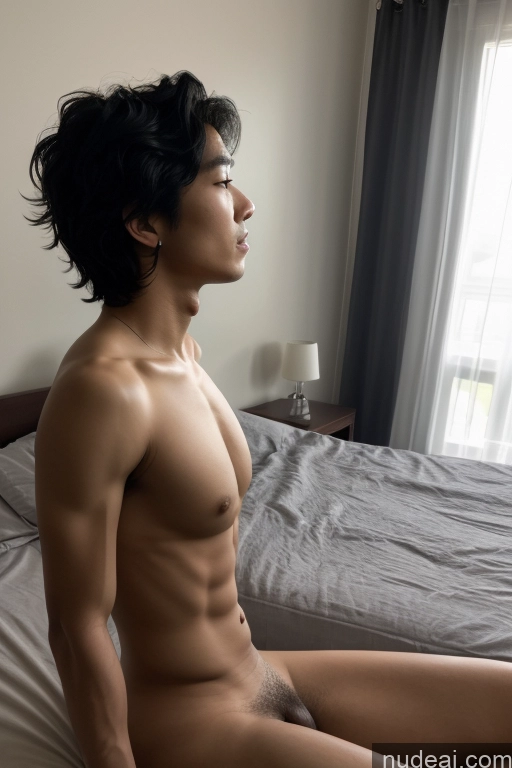 ai nude image of arafed asian man sitting on a bed with his shirt off pics of Small Tits Skinny Short Handsome Man Penis Excessive Pubic Hair Black Hair Vietnamese Bedroom 30s Side View Fellatio (Side View) Woman