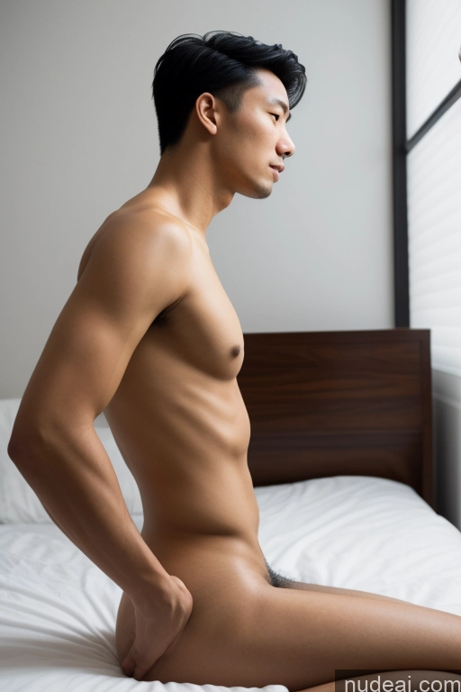 ai nude image of arafed asian man sitting on a bed with his bare stomach pics of Small Tits Skinny Short Handsome Man Penis Excessive Pubic Hair Black Hair Vietnamese Bedroom 30s Side View Fellatio (Side View) Woman