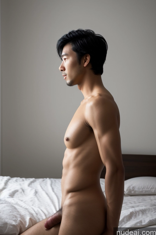 ai nude image of arafed asian man sitting on a bed with his bare stomach pics of Small Tits Skinny Short Handsome Man Penis Excessive Pubic Hair Black Hair Vietnamese Bedroom 30s Side View Fellatio (Side View) Woman