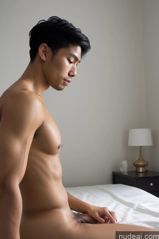 ai nude image of arafed asian man sitting on a bed with his shirt off pics of Small Tits Skinny Short Handsome Man Penis Excessive Pubic Hair Black Hair Vietnamese Bedroom 30s Side View Fellatio (Side View) Woman