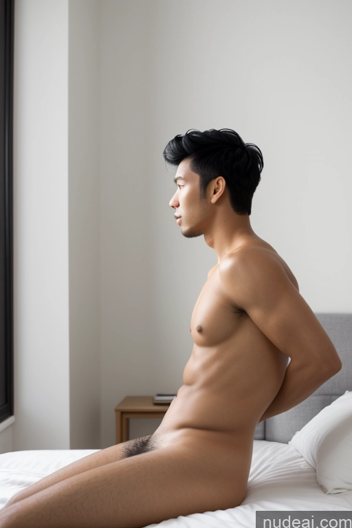 ai nude image of there is a man sitting on a bed with his bare stomach pics of Small Tits Skinny Short Handsome Man Penis Excessive Pubic Hair Black Hair Vietnamese Bedroom 30s Side View Fellatio (Side View) Woman