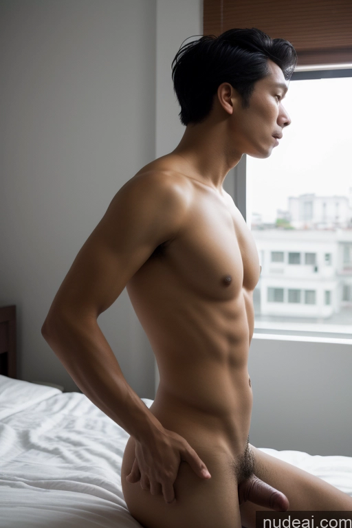 ai nude image of arafed asian man sitting on a bed with his bare ass pics of Small Tits Skinny Short Handsome Man Penis Excessive Pubic Hair Black Hair Vietnamese Bedroom 30s Side View Fellatio (Side View) Woman