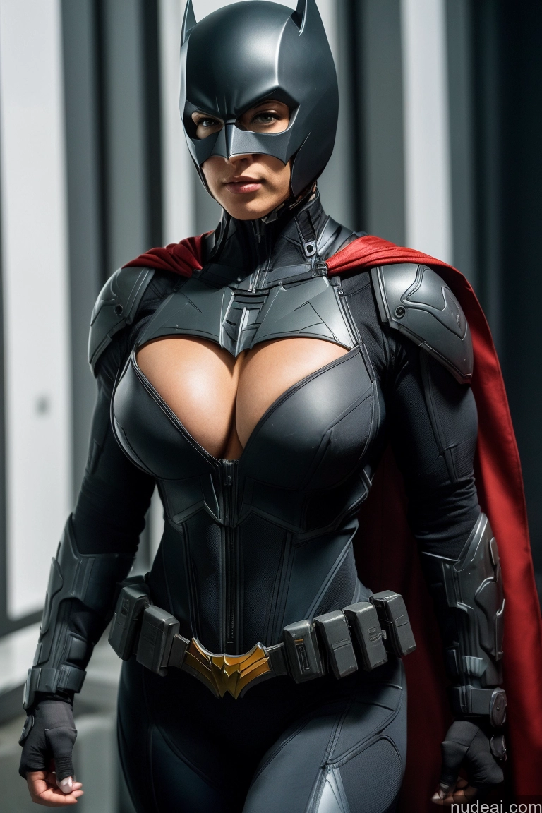 ai nude image of batman cosplaying in a black and red costume with a cape pics of Batwoman Busty Muscular Mech Suit