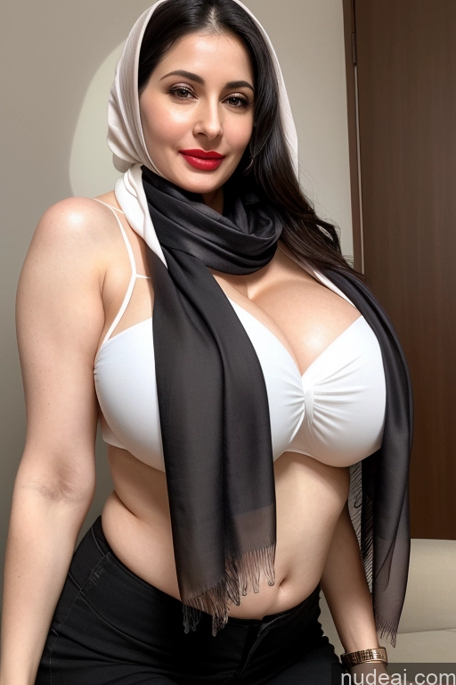 ai nude image of araffe woman in a white top and black scarf posing for a picture pics of Woman One Huge Boobs Beautiful Lipstick Fairer Skin 40s Black Hair Slicked Indian Close-up View Scarf Cleavage Simple