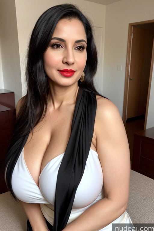 ai nude image of araffe woman in a white dress posing for a picture pics of Woman One Huge Boobs Beautiful Lipstick Fairer Skin 40s Black Hair Cleavage Simple Sari White Slicked Front View