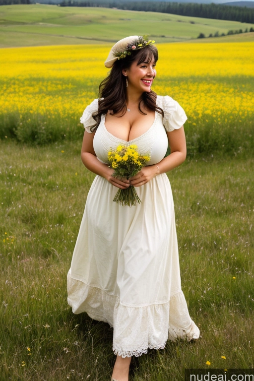 ai nude image of araffe woman in a white dress and a hat holding a bouquet pics of One Huge Boobs Perfect Boobs Beautiful Lipstick 40s Happy Laughing Black Hair Bangs Latina Film Photo Meadow Victorian Cleavage Model Dress