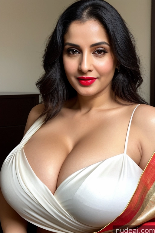 ai nude image of araffed woman in a white dress with a red and gold sash pics of Woman One Huge Boobs Beautiful Lipstick Fairer Skin 40s Black Hair Slicked White Sari Cleavage Simple Close-up View