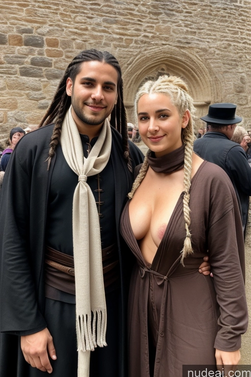 ai nude image of they are dressed up for a medieval event pics of Several Partially Nude White Hair Woman + Man Small Tits Pubic Hair 20s Braided Dark Fantasy Dress Medieval Scarf