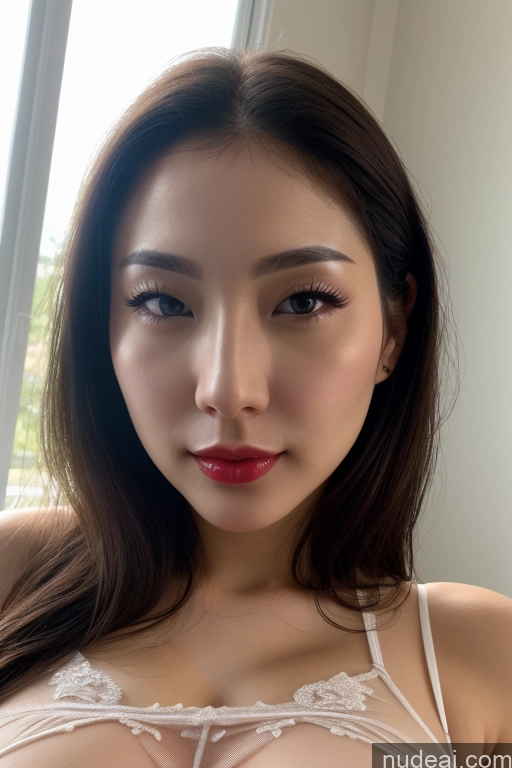 ai nude image of araffed asian woman with a red lipstick and a white bra pics of Model Huge Boobs Beautiful Lipstick Fairer Skin 30s Seductive Black Hair Korean Skin Detail (beta) Close-up View Nightgown Transparent Bright Lighting Detailed