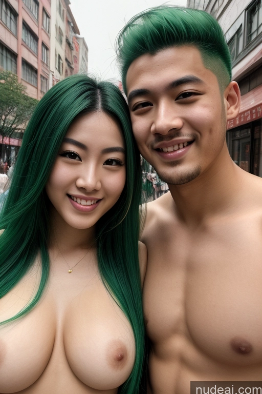 ai nude image of arafed asian couple posing for a picture in a city pics of Woman + Man Two Skinny Beautiful Perfect Boobs 18 Happy Green Hair Long Hair 3d Street Nude Chinese Perfect Body Sexy Face